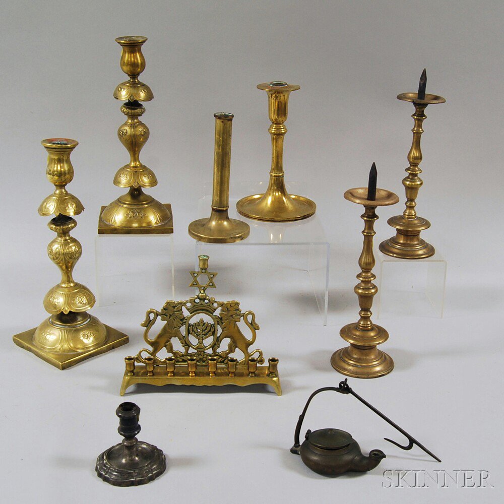 Appraisal: Nine Mostly Brass Lighting Devices th to th century two