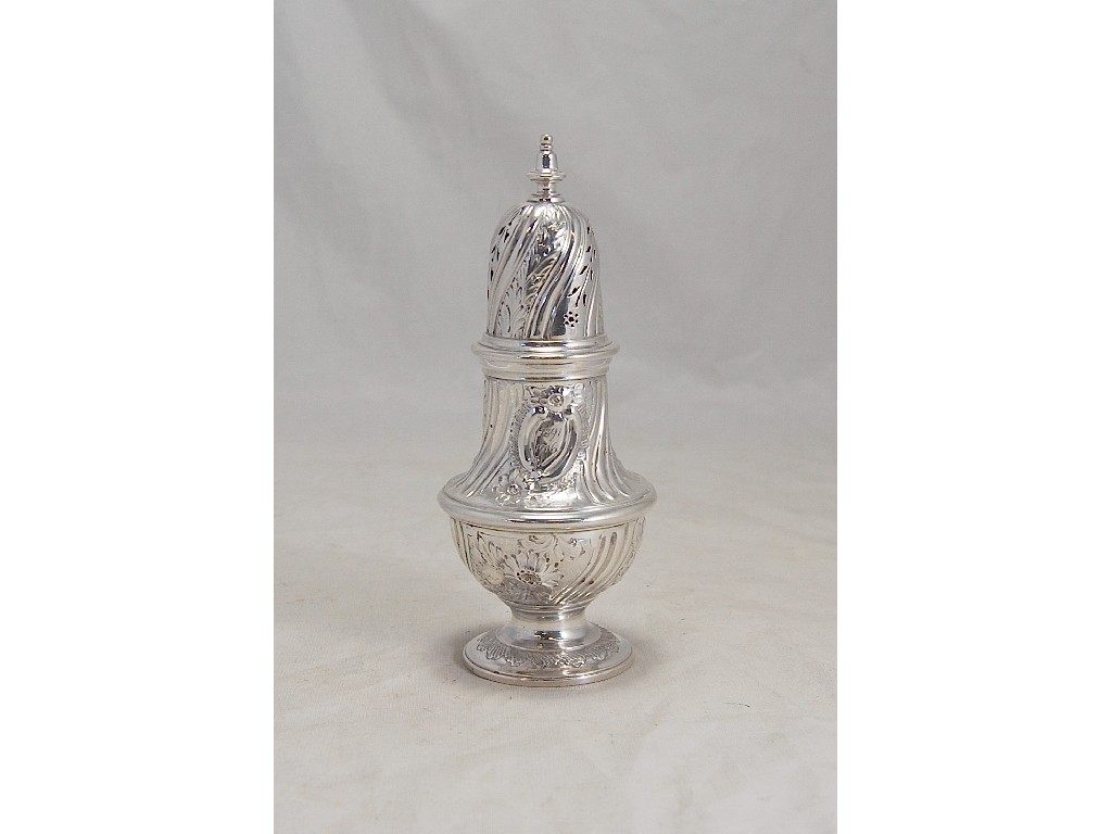 Appraisal: Heavily embossed baluster shaped silver sugar shaker London approx oz