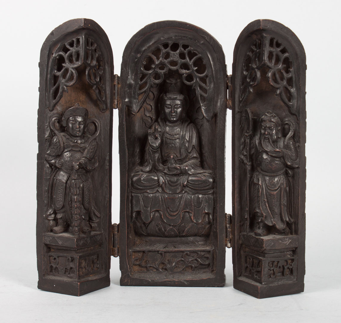 Appraisal: Chinese Buddhist carved wood triptych shrine shrine opens to reveal