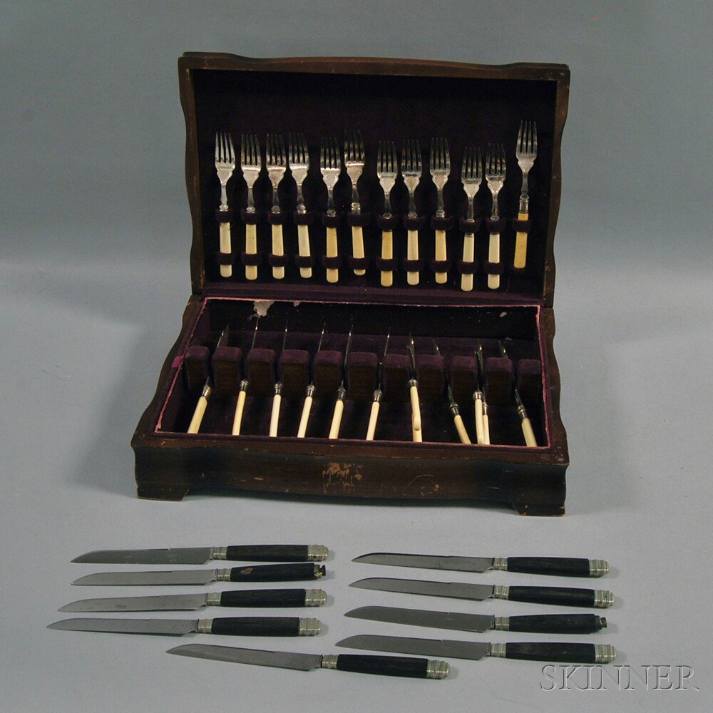 Appraisal: English Silver-plated Ivory-handled Fish Service for Twelve in wooden case