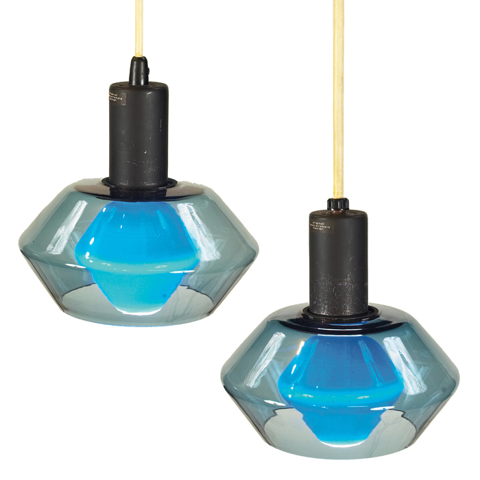 Appraisal: Tapio Wirkkala hanging lights pair Finland blue glass forms with