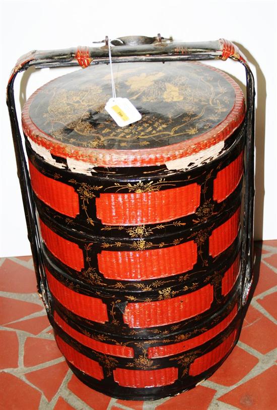 Appraisal: Chinese lacquered stacked basket four tiers decorated in red and