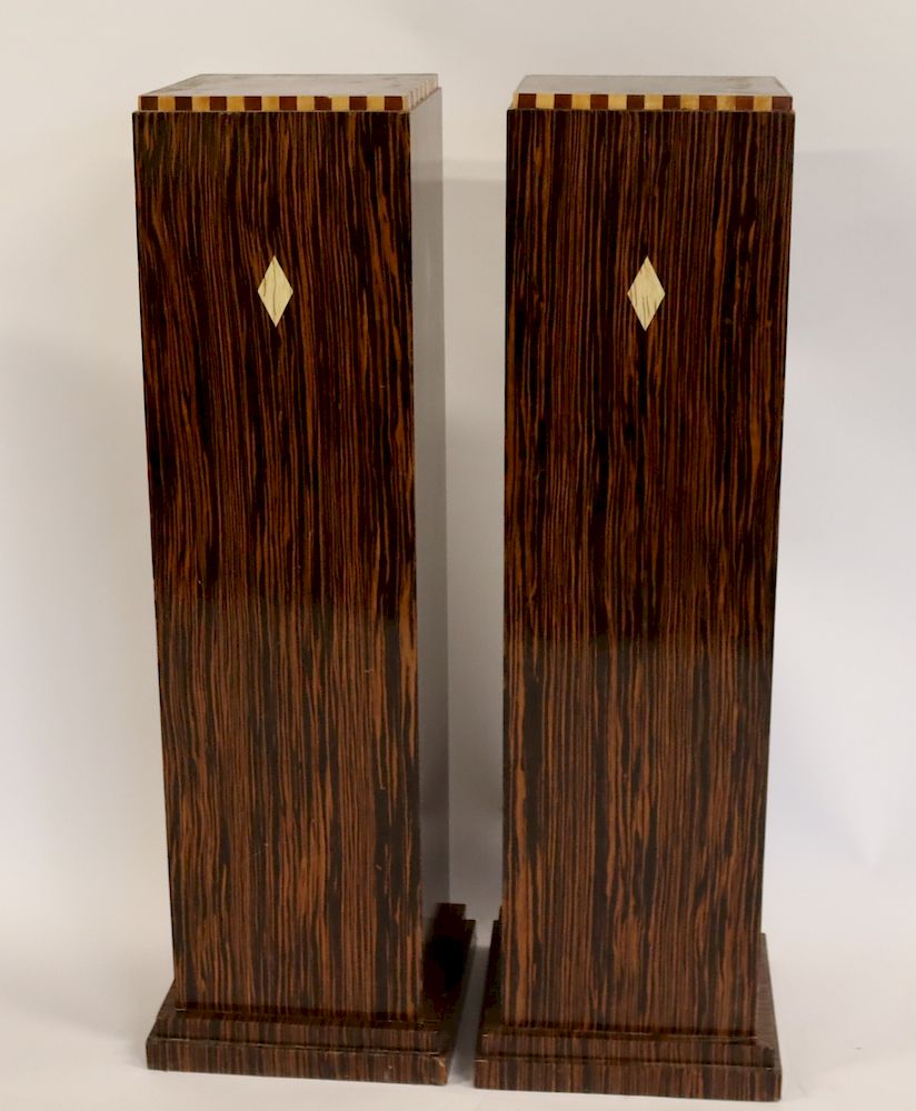 Appraisal: Pair Of Exotic Wood Art Deco Pedestals With Bone Inlay