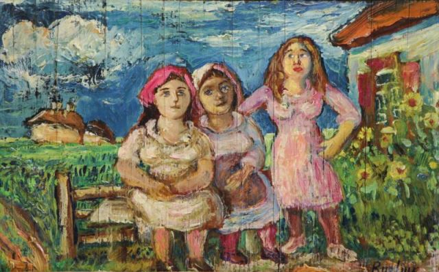 Appraisal: BURLIUK David Oil on Wood Panel Three Women inFarmyard Signed