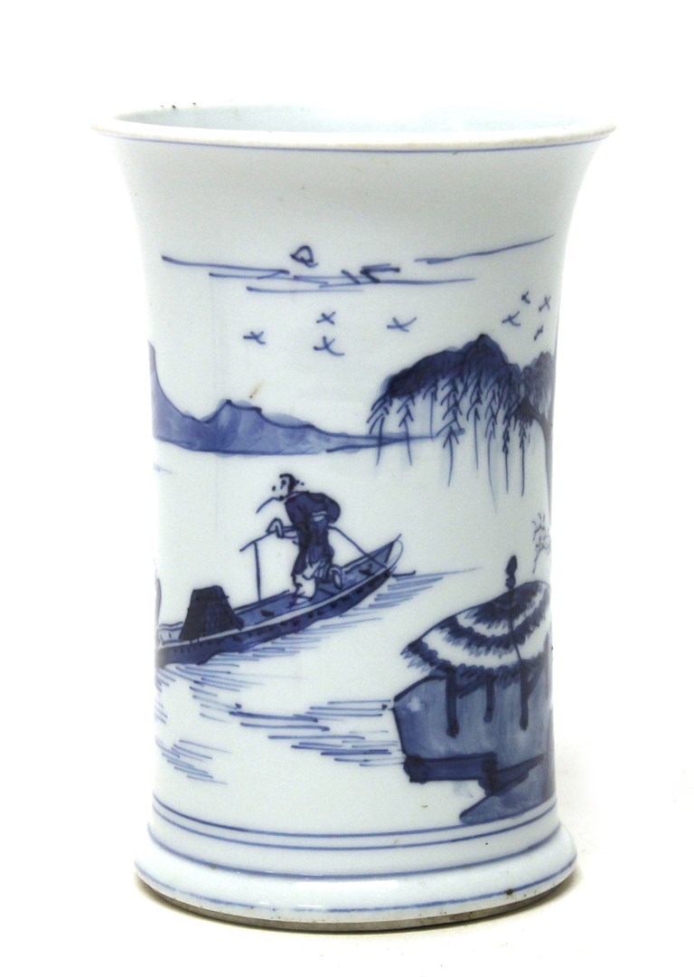 Appraisal: A Chinese blue and white brushpot Kangxi painted with two