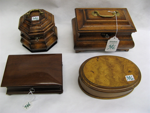 Appraisal: FOUR CONTEMPORARY WOOD TRINKET BOXES in a variety of wood