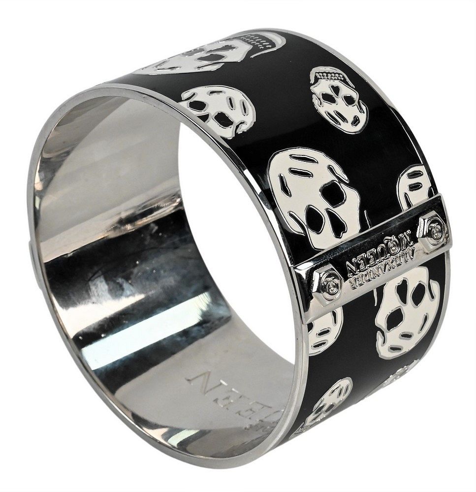 Appraisal: Alexander McQueen Enameled Skull Bracelet black with white skulls width