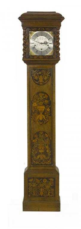 Appraisal: AN ENGLISH WALNUT AND MARQUETRY DWARF LONGCASE CLOCK the engraved