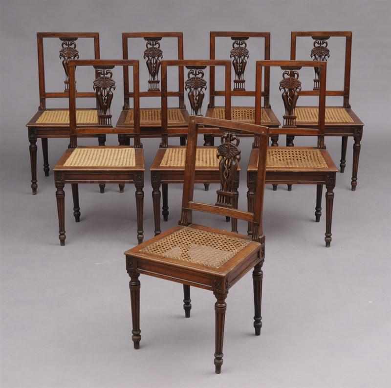 Appraisal: SET OF EIGHT ITALIAN NEOCLASSICAL CARVED WALNUT SIDE CHAIRS Each