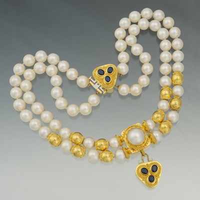 Appraisal: An Impressive k Gold MM Pearl and Sapphire Necklace by