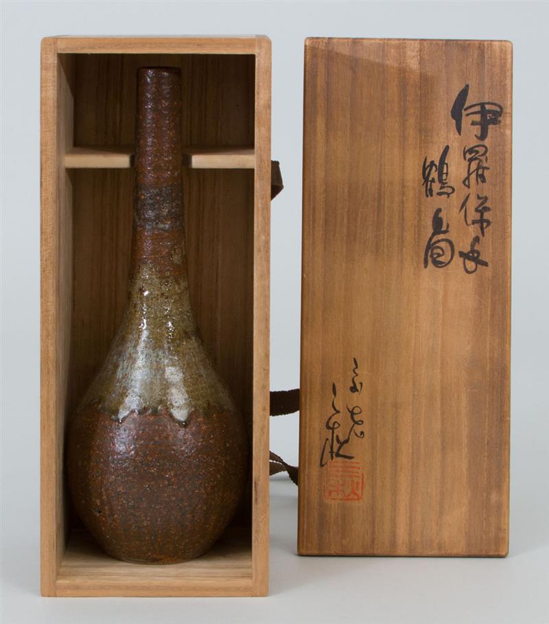 Appraisal: Japanese Part Brown-Glazed Stoneware Bottle Vase With wood box in