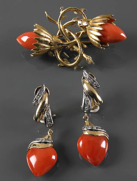 Appraisal: A coral and k gold brooch together with a pair