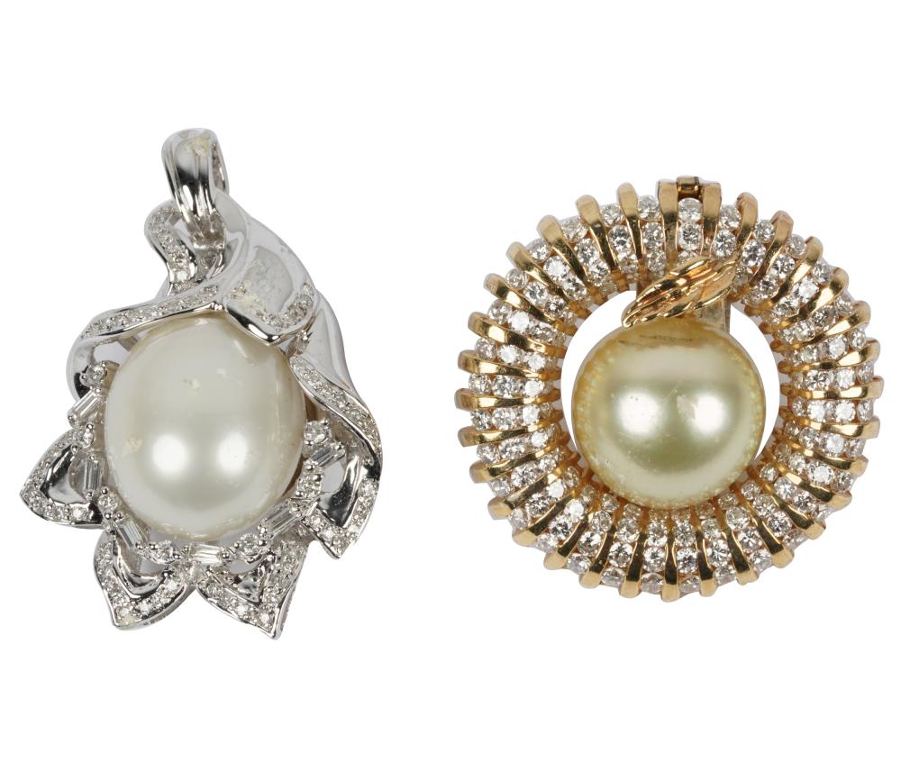 Appraisal: TWO GOLD DIAMOND PEARL PENDANTSthe karat white gold pendant containing