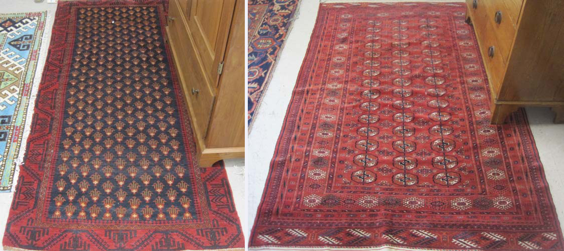 Appraisal: TWO HAND KNOTTED ORIENTAL AREA RUGS ' x ' Turkoman