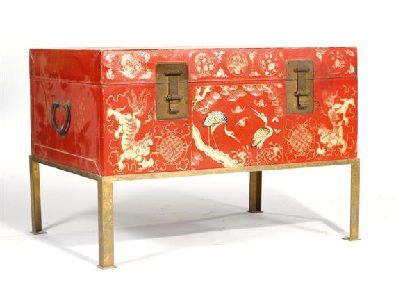 Appraisal: COFFER China th th cent Red lacquered leather with gold-painted