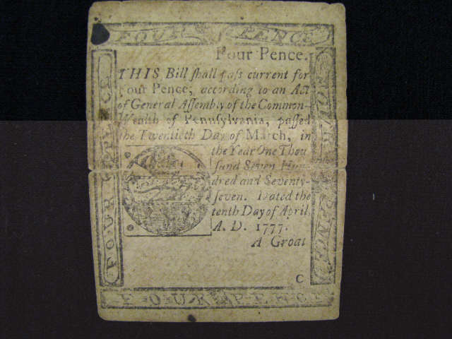 Appraisal: Centennial Currency Note Pennsylvania pence printed by John dunlap