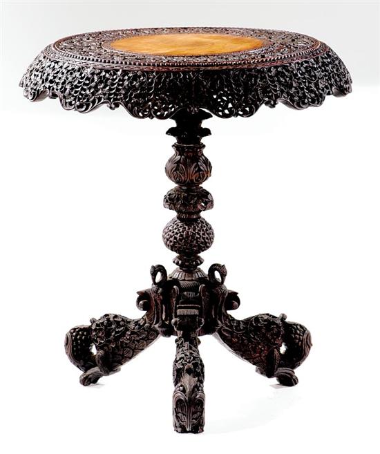 Appraisal: Anglo-Indian carved hardwood tilt-top table late th century circular top