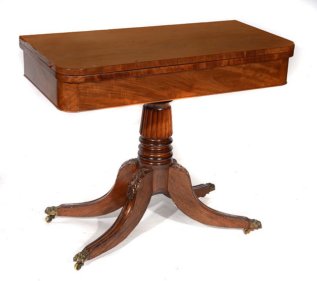 Appraisal: A REGENCY MAHOGANY RECTANGULAR FOLD OVER TEA TABLE with flame