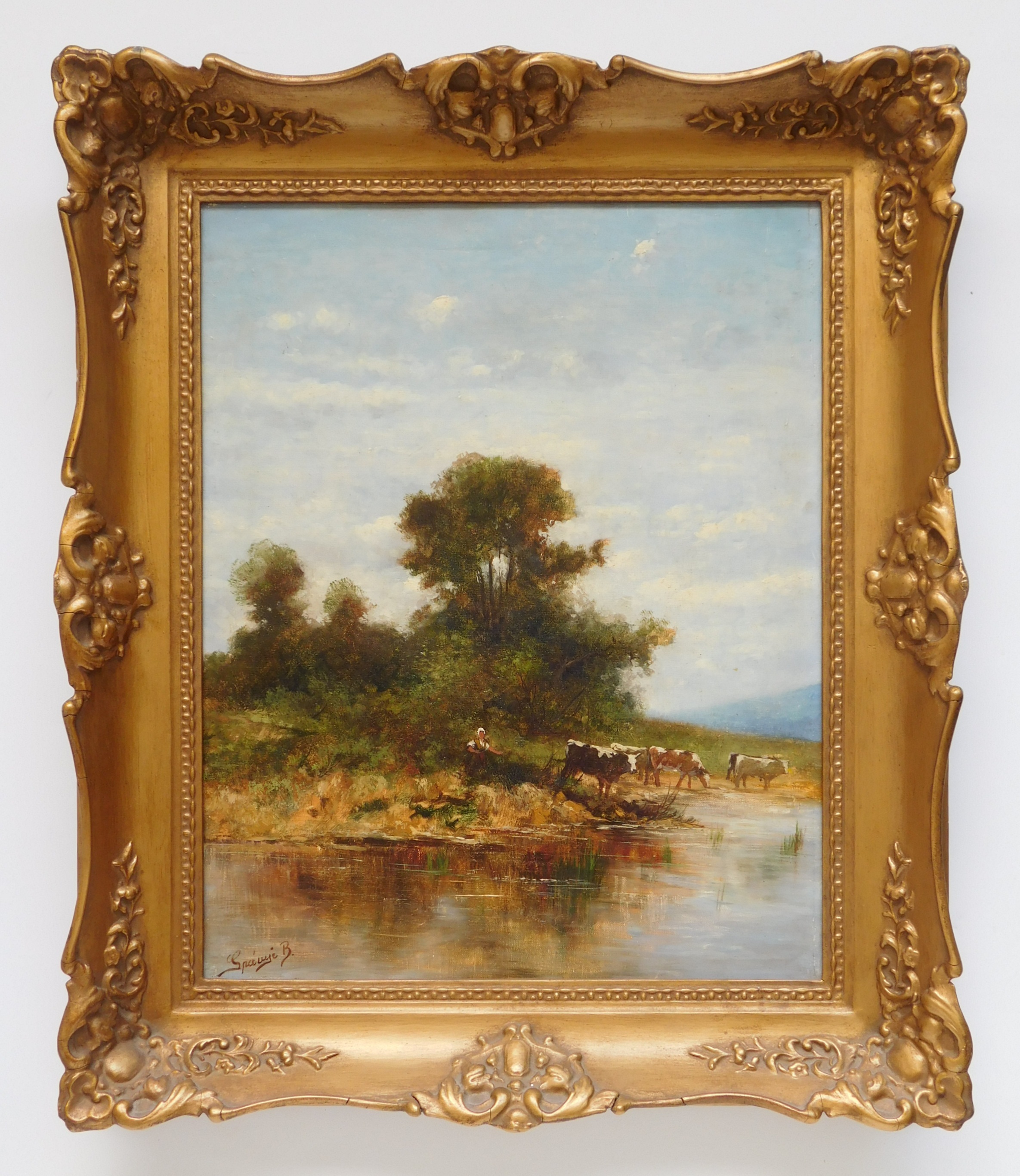 Appraisal: th c Hungarian School Cattle by Stream with Lady- oil