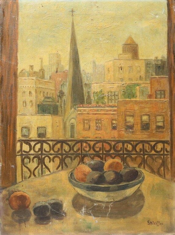 Appraisal: OIL ON CANVAS CITYSCAPE STILL LIFE WITH FRUITOil on canvas