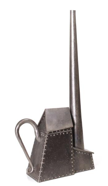 Appraisal: A CONTEMPORARY INDUSTRIAL THEME SCULPTURAL TEA KETTLE The faux riveted