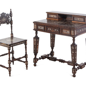 Appraisal: A Moroccan Bone Inlaid Walnut Desk and Chair th Century