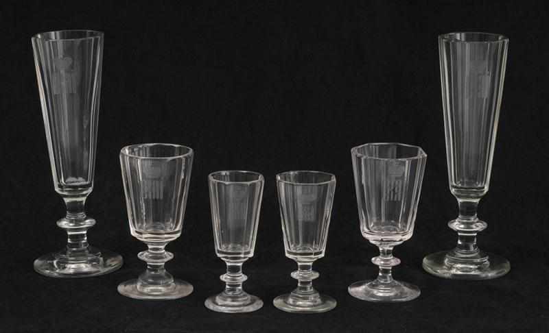 Appraisal: SIX RUSSIAN ENGRAVED GLASS GRADUATED FLUTES Each tapered octagonal bowl