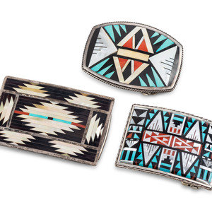 Appraisal: Zuni Silver and Mosaic Inlay Belt Buckles second half th