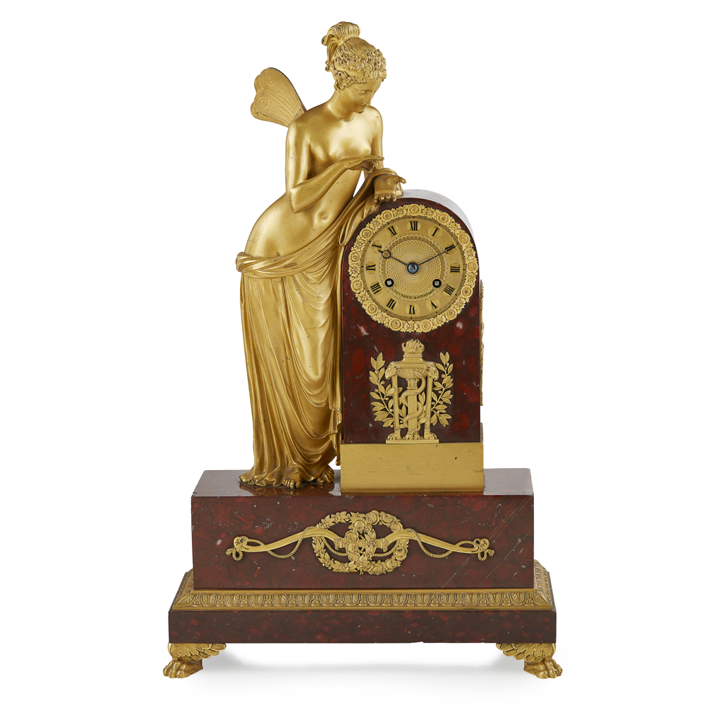 Appraisal: FRENCH EMPIRE GILT BRONZE AND ROUGE MARBLE MANTEL CLOCK LAGUESS