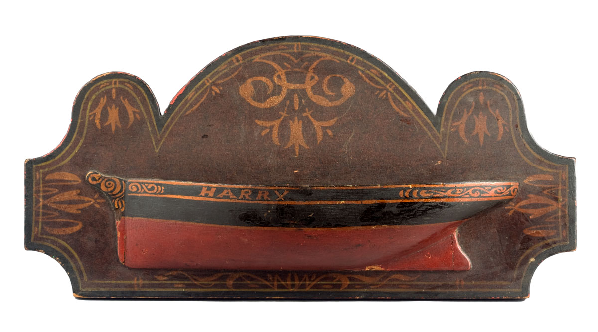 Appraisal: HARRY AN AMERICAN PAINTED AND DECORATED HALF-HULL ON SHAPED BACKBOARD