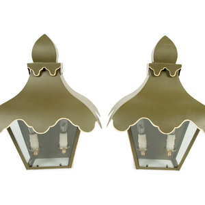 Appraisal: A Pair of Green and White Tole Tent Lantern Two-Light