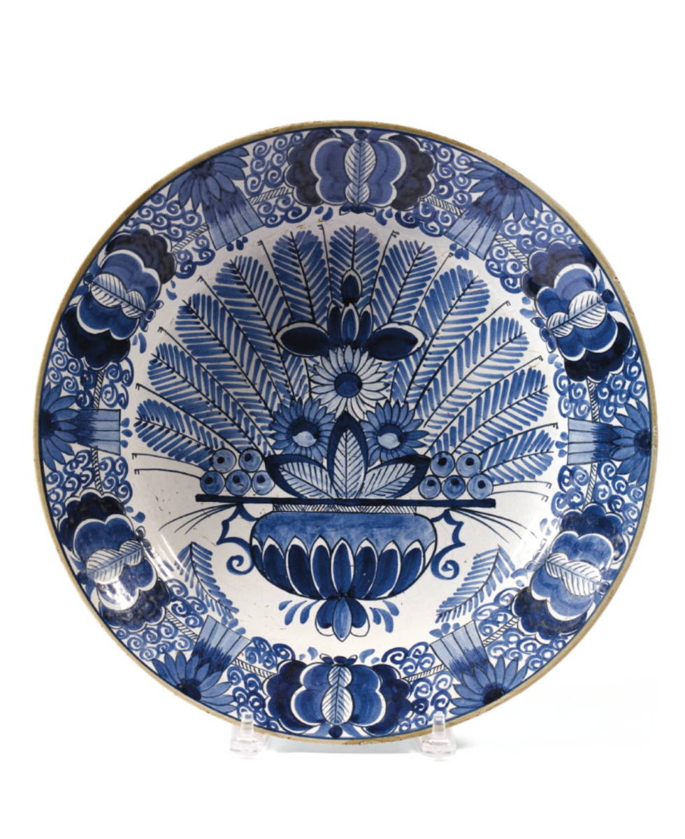 Appraisal: DUTCH DELFT BLUE AND WHITE quot PEACOCK quot DISH LATE