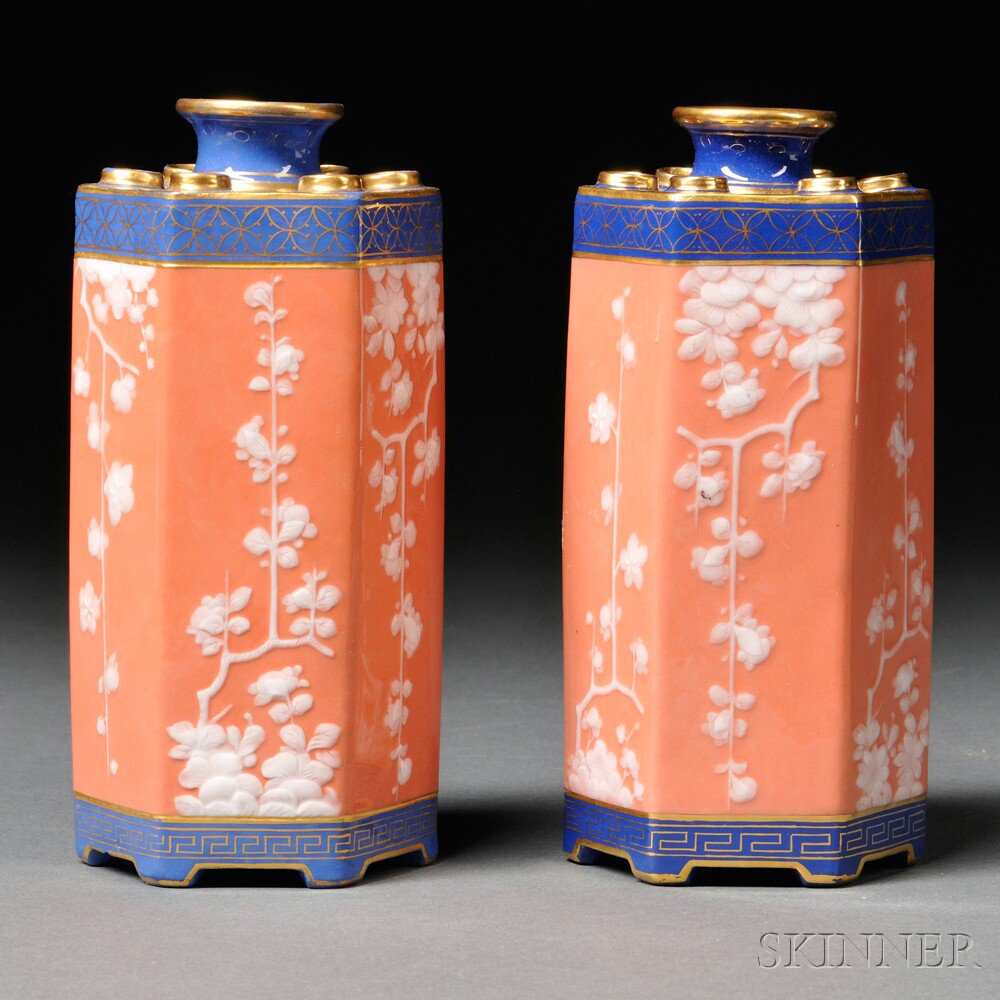 Appraisal: Near Pair of Minton Porcelain Pate-sur-Pate Vases England c each