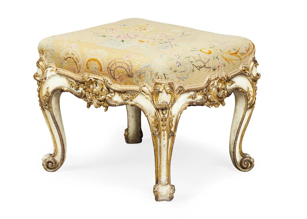 Appraisal: ROCOCO REVIVAL PAINTED AND PARCEL GILT NEEDLEWORK UPHOLSTERED STOOL CIRCA