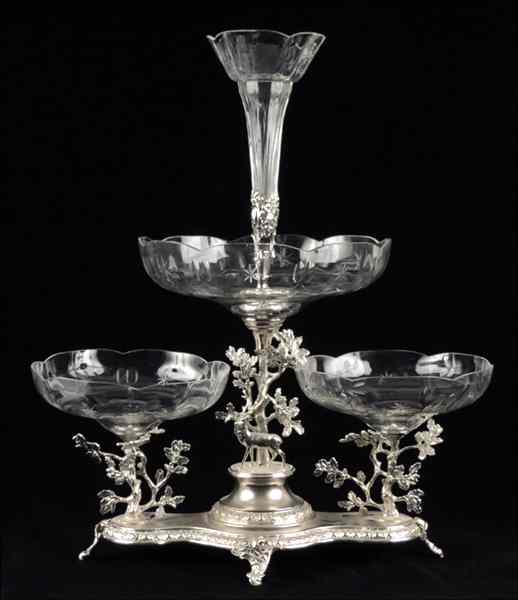 Appraisal: VICTORIAN SILVER PLATE AND GLASS EPERGNE H '' Condition No