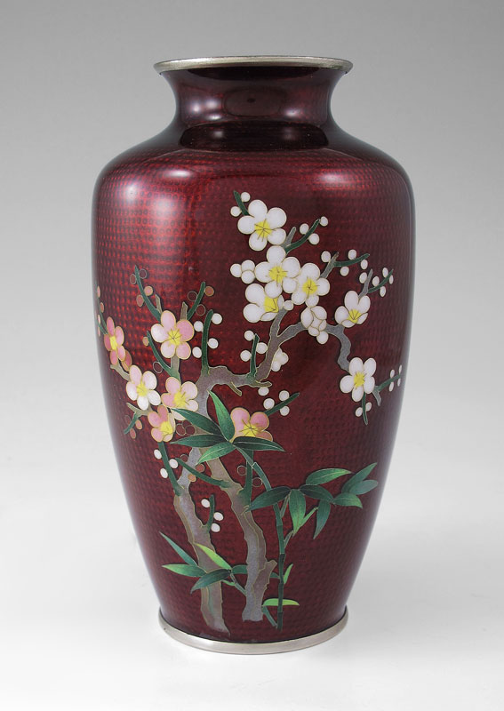 Appraisal: CLOISONNE RED FLORAL VASE Branch and flower motif unsigned Measures