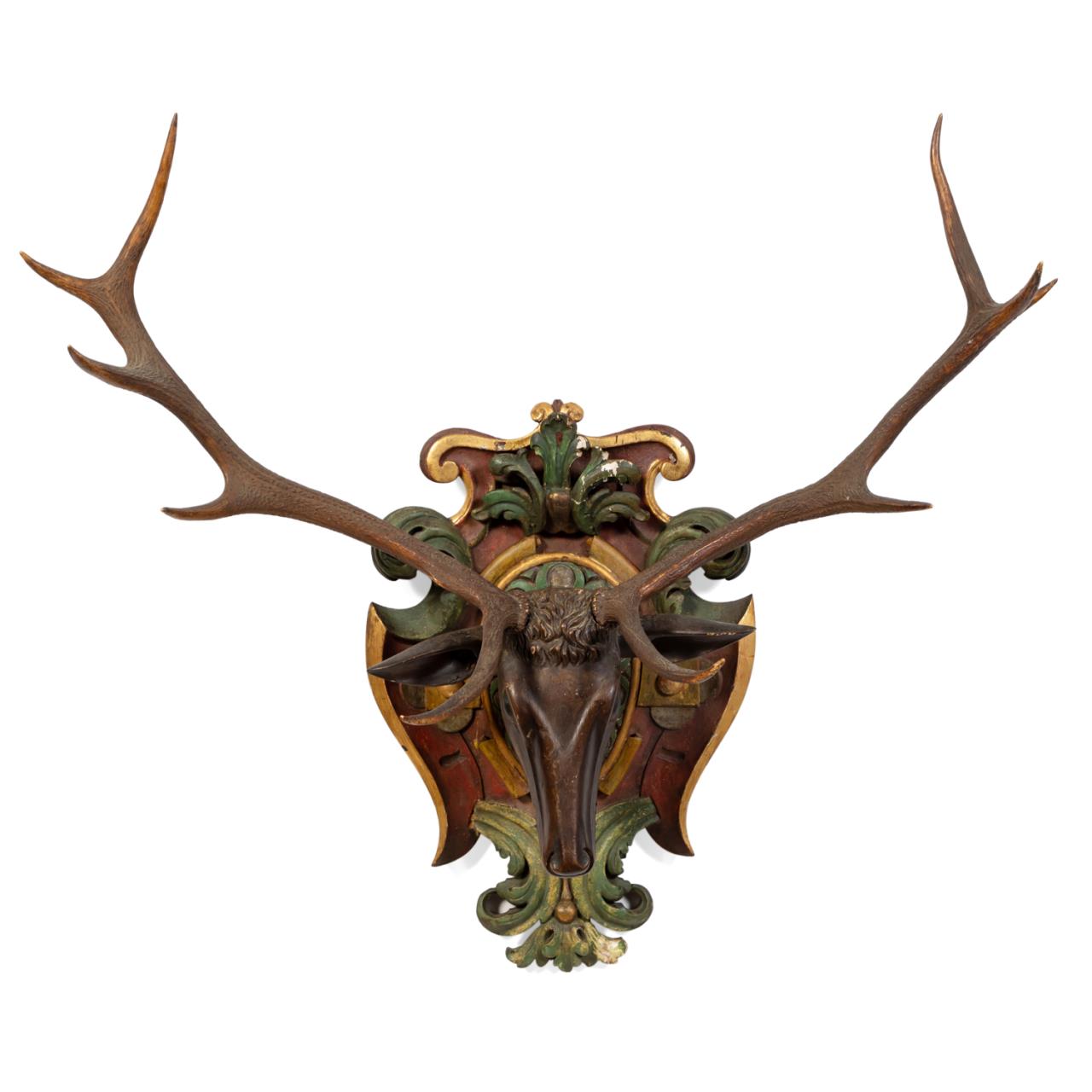 Appraisal: BLACK FOREST POLYCHROME ANTLER STAG'S HEAD TROPHY Swiss or German