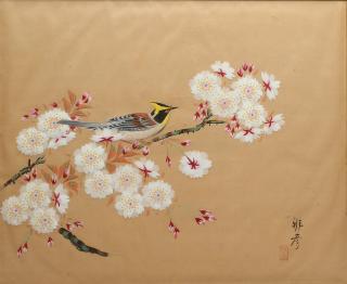 Appraisal: Chinese Inks on Silk Bird in Flowering Plum Tree Woodpecker