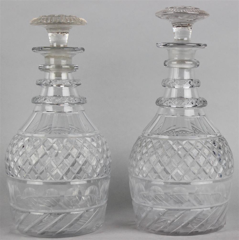 Appraisal: TWO SIMILAR GEORGE III CUT GLASS MALLET-FORM DECANTERS AND MUSHROOM