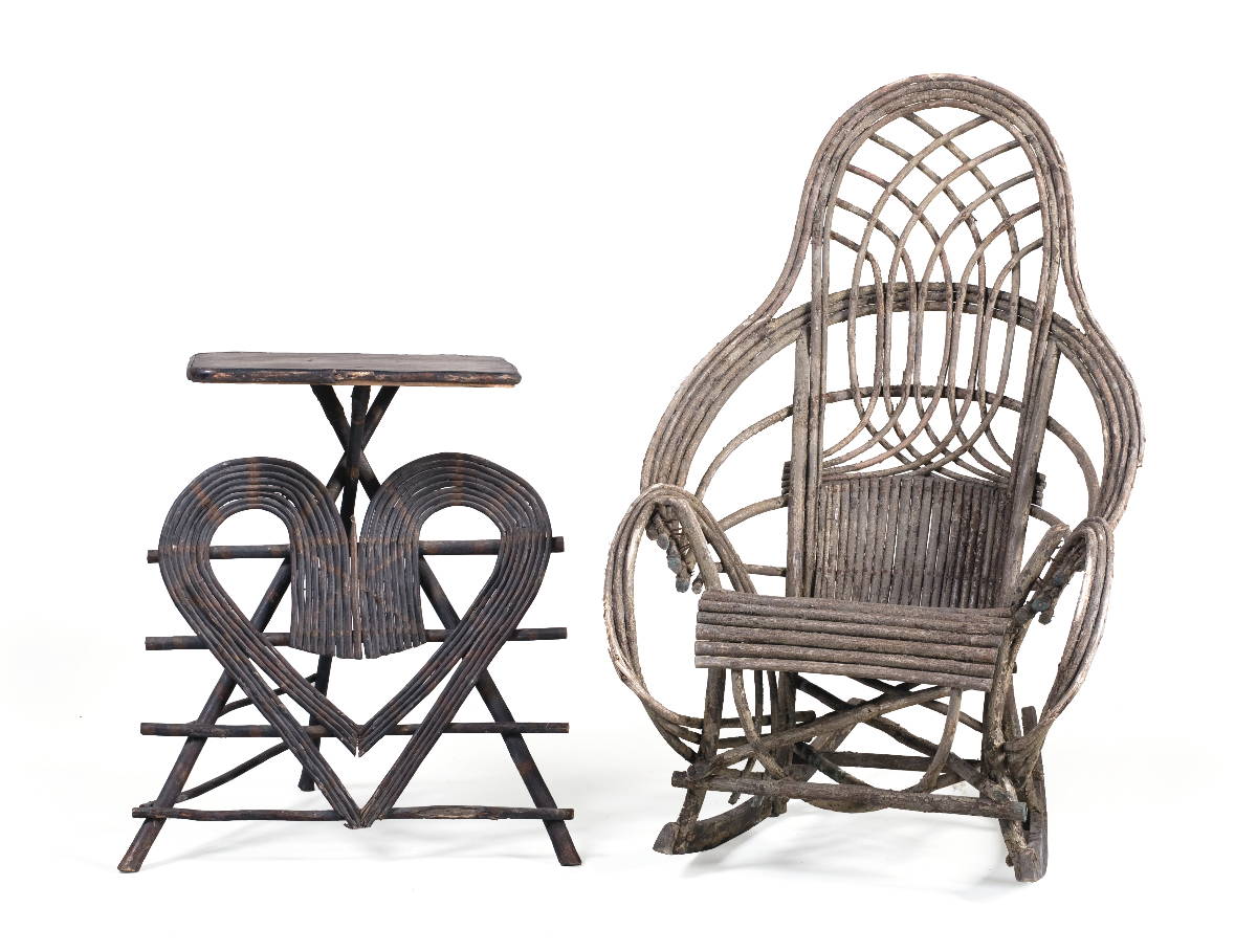 Appraisal: ADIRONDACK TWIG-FORM ROCKING CHAIR Together with a plant stand with