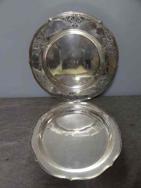 Appraisal: STERLING Chargers plain '' diameter Art Deco with etching Approx