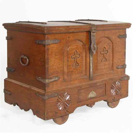 Appraisal: An Indo-Portuguese Teak Coffer Chest on Wheels circa having a