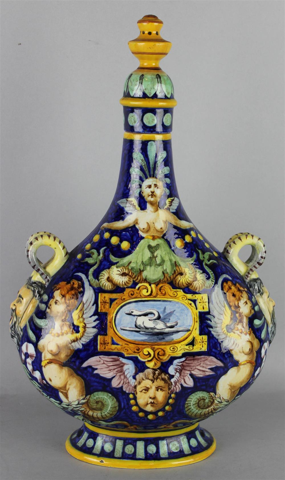 Appraisal: GINORI BLUE-GROUND MAIOLICA PILGRIM BOTTLE mid- th C blue crowned