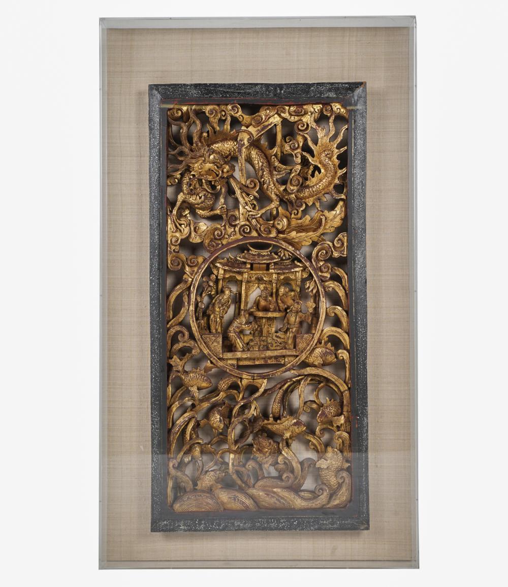 Appraisal: CHINESE CARVED GILT WOOD PANELornately carved with figures and various