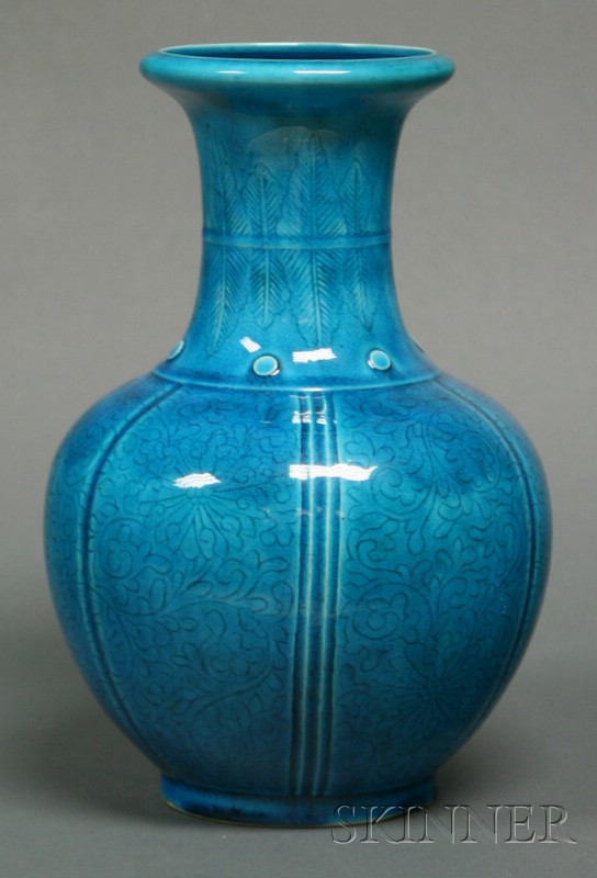 Appraisal: Porcelain Vase China th century turquoise monochrome surface engraved with