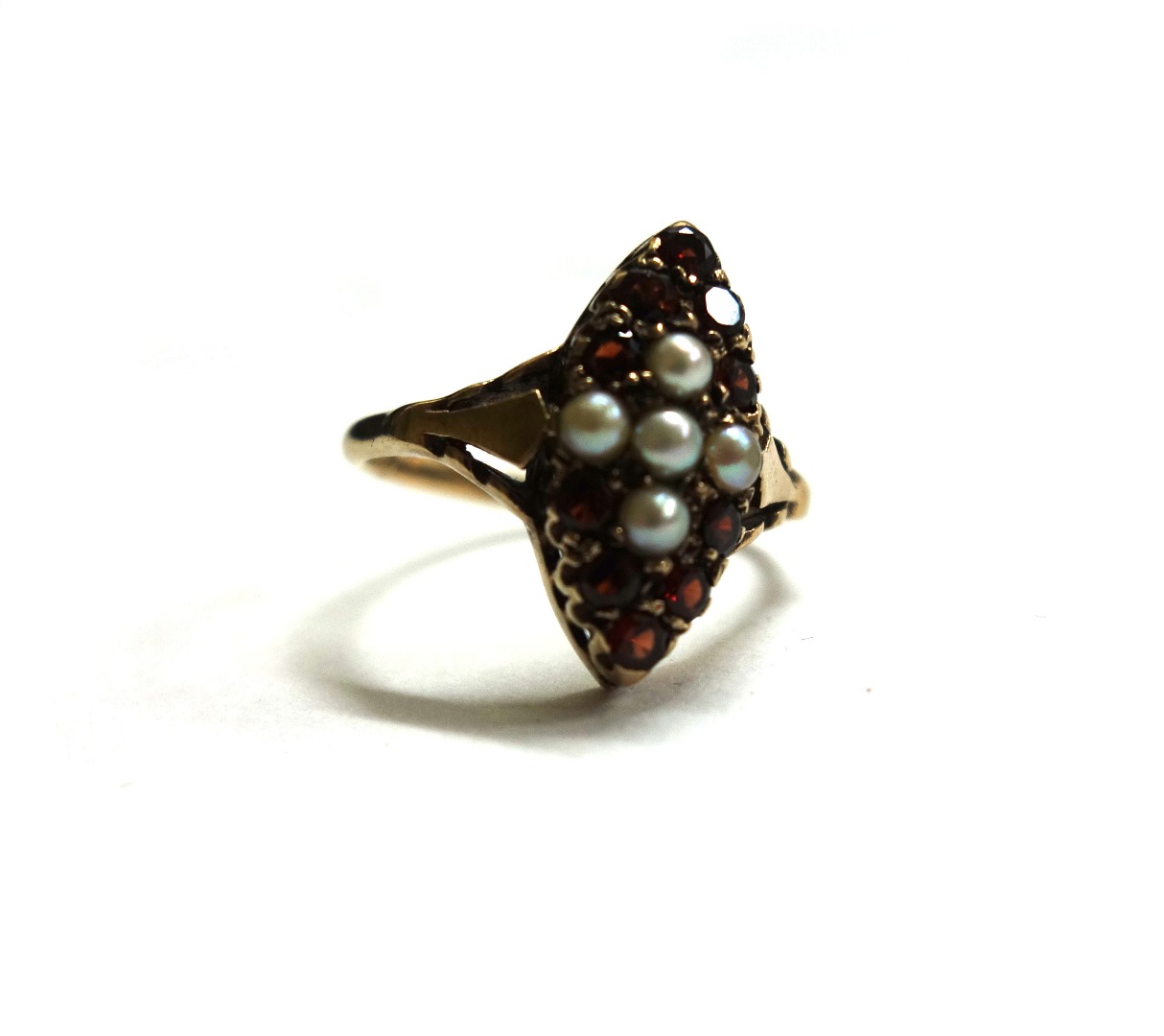 Appraisal: A ct gold garnet and half-pearl marquise-shaped cluster ring hallmarks