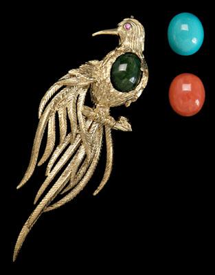 Appraisal: Gold bird pendant breast of bird with interchangeable stones coral