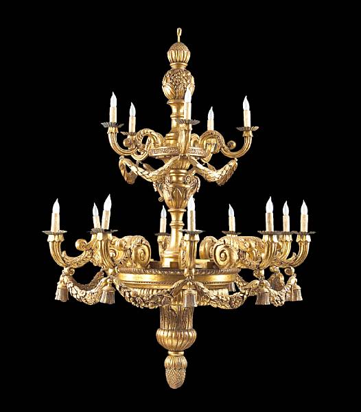 Appraisal: An impressive Continental Baroque style giltwood sixteen light chandelier The