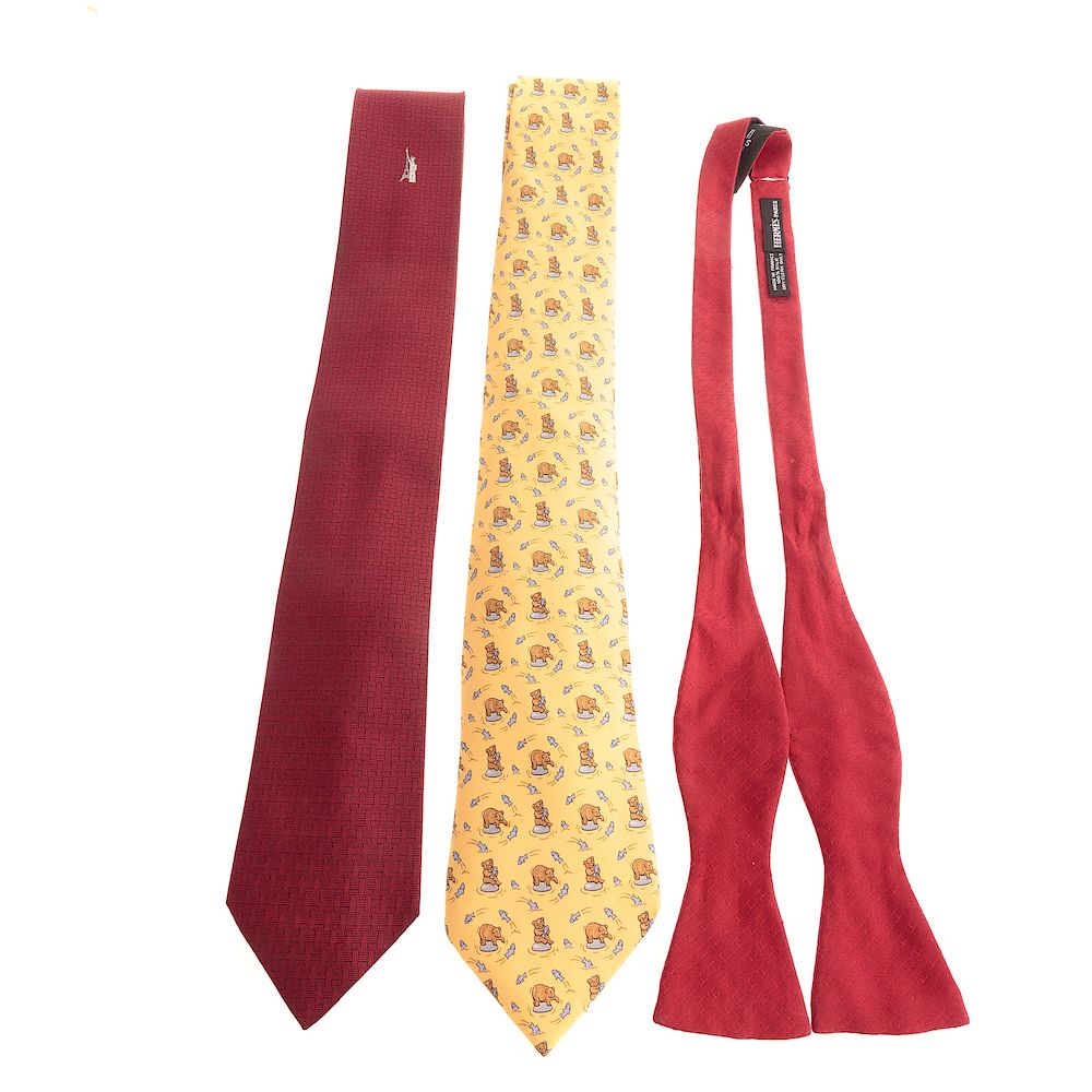 Appraisal: Two Hermes Ties One Hermes Bow Tie Red and multicolor