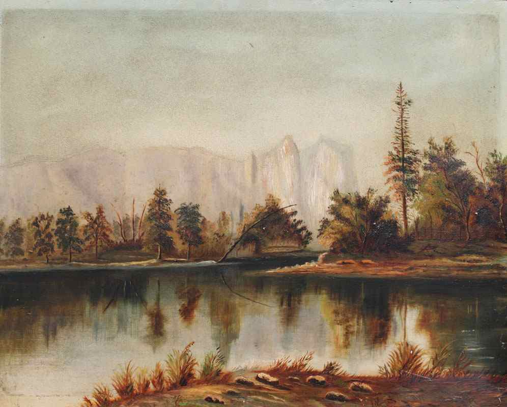 Appraisal: AMERICAN SCHOOL TH C YOSEMITE VALLEY RIVER SCENE Oil Board